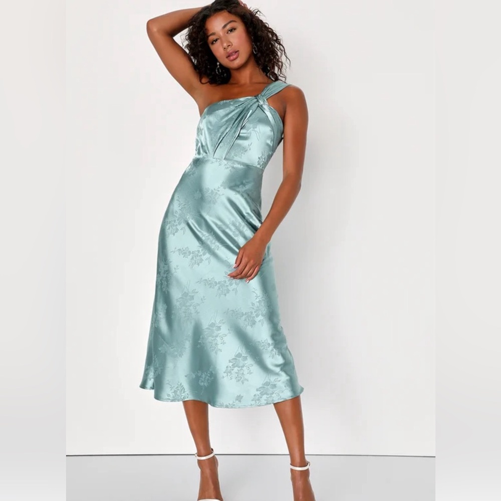 NWT Adored Arrival Sage Blue Floral Satin One-Shoulder Midi Dress